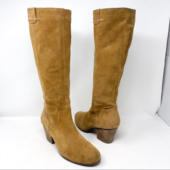 AEROSOLES Festivities Tall Boots Camel Tan Genuine Suede Leather Block Heel - Picture 2 of 9